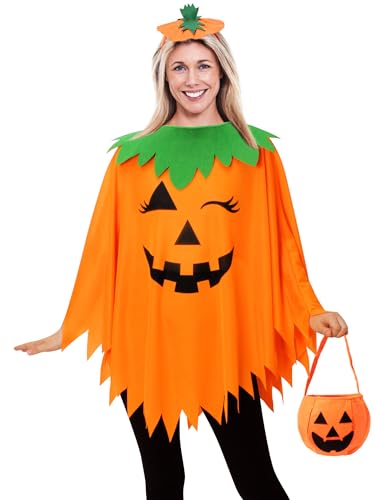 3PCS Halloween Pumpkin Costume for Women,Pumpkin Poncho for Adults with Headband & Bag,Halloween Costume for Women