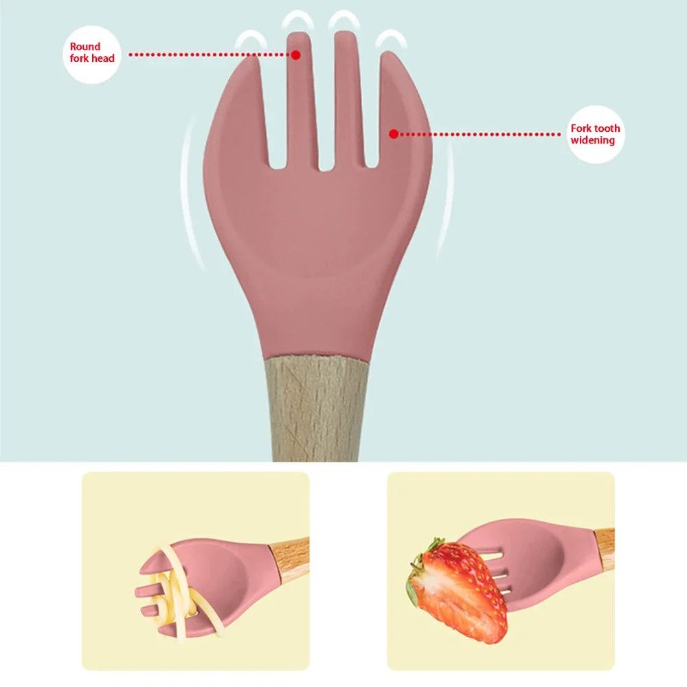 Children Wooden Handle Silicone Fork Spoon Baby Utensils Soft Resistant To Falling Feeding Cutlery Food Fork Spoon Baby Items