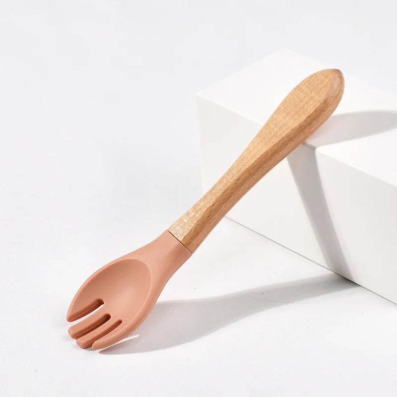 Children Wooden Handle Silicone Fork Spoon Baby Utensils Soft Resistant To Falling Feeding Cutlery Food Fork Spoon Baby Items