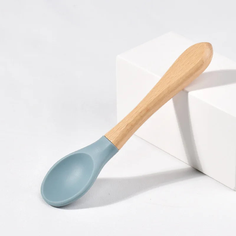 Children Wooden Handle Silicone Fork Spoon Baby Utensils Soft Resistant To Falling Feeding Cutlery Food Fork Spoon Baby Items