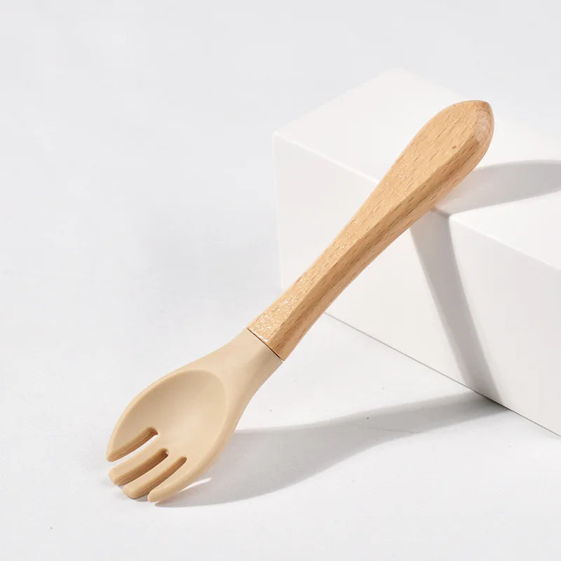Children Wooden Handle Silicone Fork Spoon Baby Utensils Soft Resistant To Falling Feeding Cutlery Food Fork Spoon Baby Items
