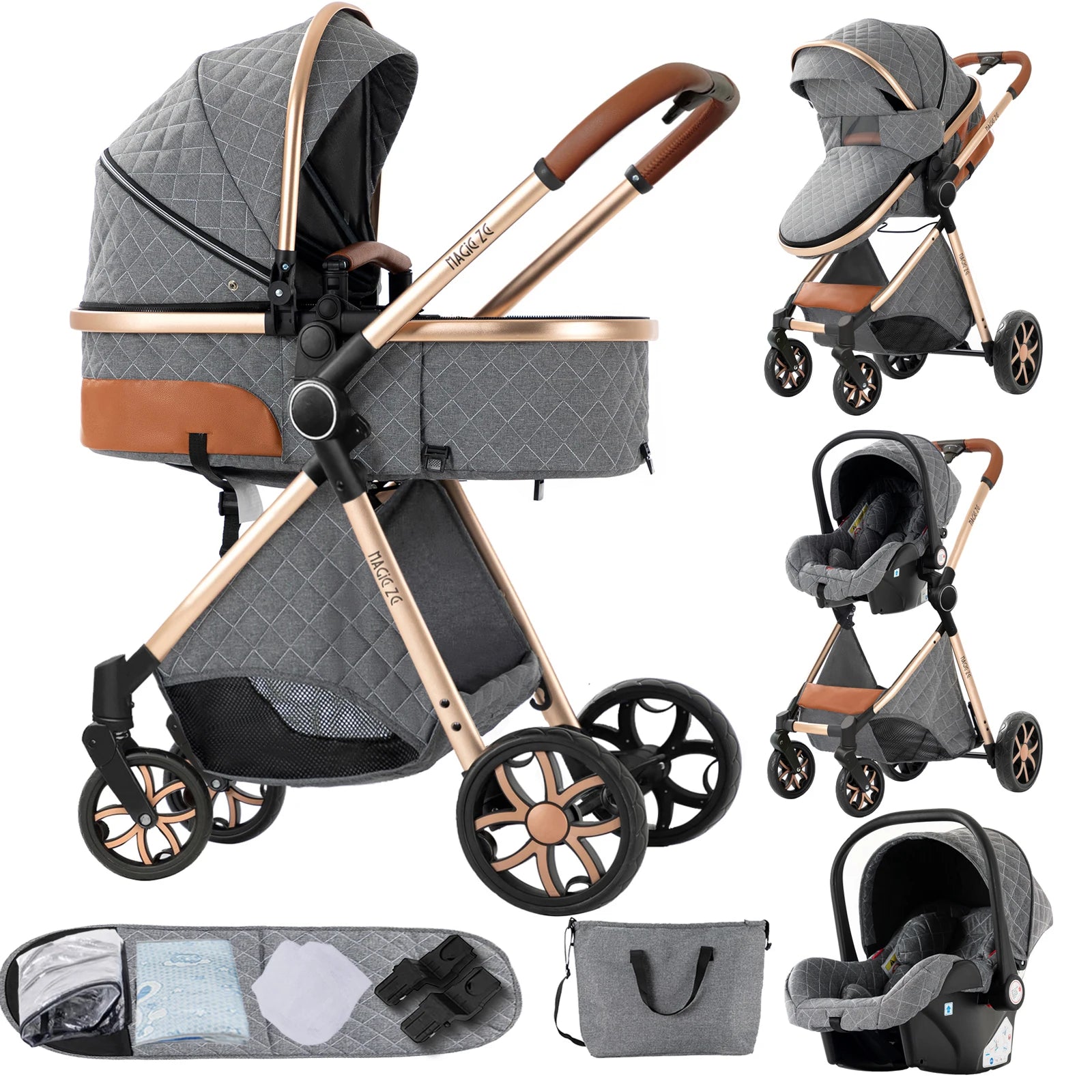 3-in-1 High Landscape Baby Stroller Travel System Bassinet Car Seat Lightweight Frame with One-Hand Folding Feature Baby Items