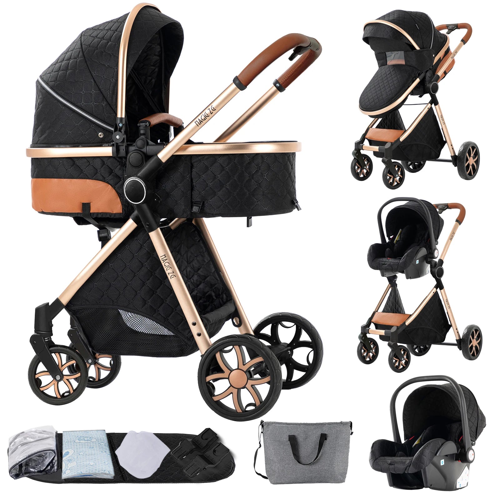 3-in-1 High Landscape Baby Stroller Travel System Bassinet Car Seat Lightweight Frame with One-Hand Folding Feature Baby Items