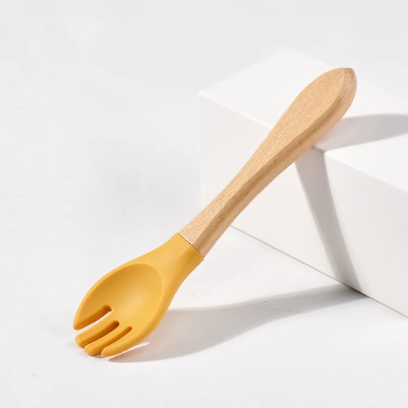 Children Wooden Handle Silicone Fork Spoon Baby Utensils Soft Resistant To Falling Feeding Cutlery Food Fork Spoon Baby Items
