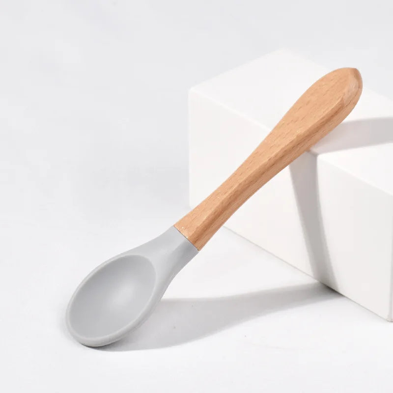 Children Wooden Handle Silicone Fork Spoon Baby Utensils Soft Resistant To Falling Feeding Cutlery Food Fork Spoon Baby Items