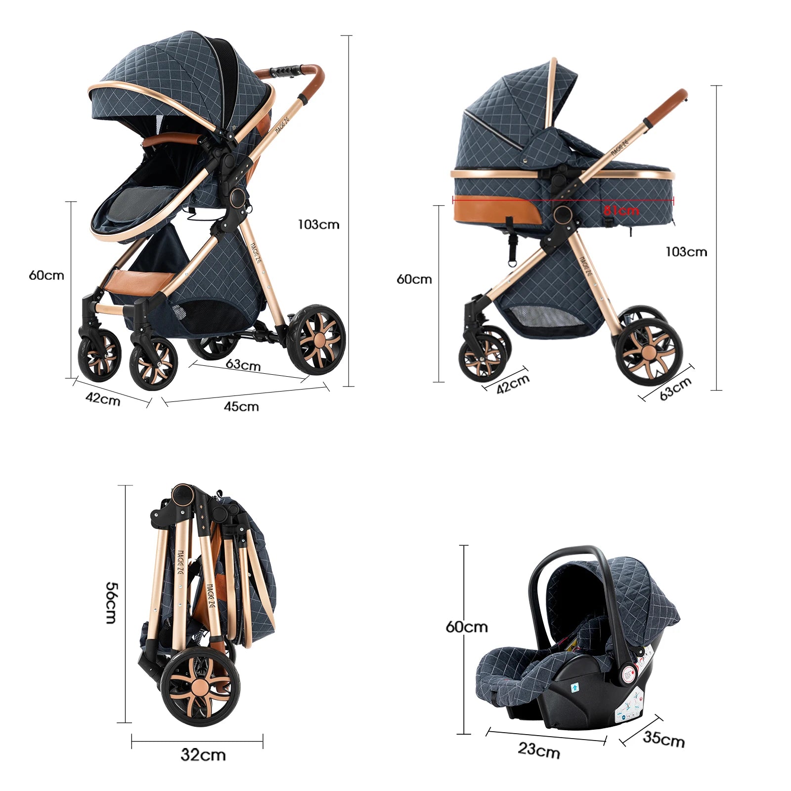 3-in-1 High Landscape Baby Stroller Travel System Bassinet Car Seat Lightweight Frame with One-Hand Folding Feature Baby Items