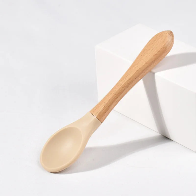 Children Wooden Handle Silicone Fork Spoon Baby Utensils Soft Resistant To Falling Feeding Cutlery Food Fork Spoon Baby Items