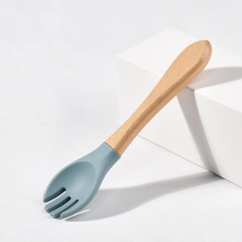 Children Wooden Handle Silicone Fork Spoon Baby Utensils Soft Resistant To Falling Feeding Cutlery Food Fork Spoon Baby Items