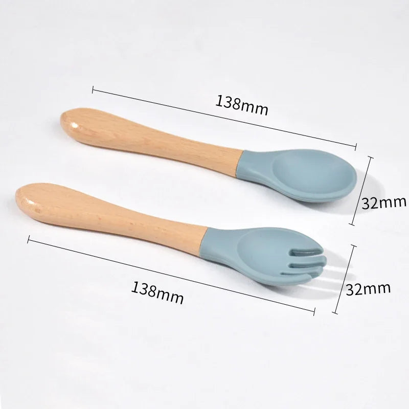 Children Wooden Handle Silicone Fork Spoon Baby Utensils Soft Resistant To Falling Feeding Cutlery Food Fork Spoon Baby Items