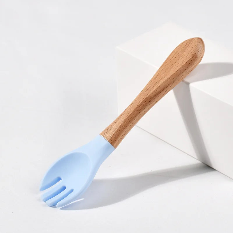 Children Wooden Handle Silicone Fork Spoon Baby Utensils Soft Resistant To Falling Feeding Cutlery Food Fork Spoon Baby Items