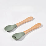 Load image into Gallery viewer, Children Wooden Handle Silicone Fork Spoon Baby Utensils Soft Resistant To Falling Feeding Cutlery Food Fork Spoon Baby Items
