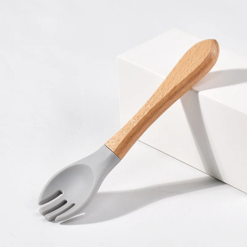 Children Wooden Handle Silicone Fork Spoon Baby Utensils Soft Resistant To Falling Feeding Cutlery Food Fork Spoon Baby Items