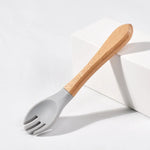 Load image into Gallery viewer, Children Wooden Handle Silicone Fork Spoon Baby Utensils Soft Resistant To Falling Feeding Cutlery Food Fork Spoon Baby Items
