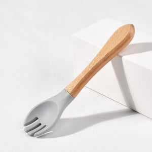 Children Wooden Handle Silicone Fork Spoon Baby Utensils Soft Resistant To Falling Feeding Cutlery Food Fork Spoon Baby Items