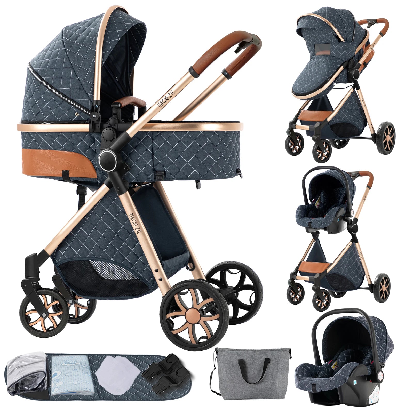 3-in-1 High Landscape Baby Stroller Travel System Bassinet Car Seat Lightweight Frame with One-Hand Folding Feature Baby Items