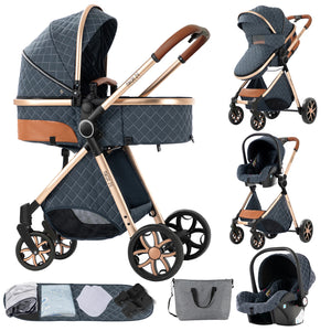 3-in-1 High Landscape Baby Stroller Travel System Bassinet Car Seat Lightweight Frame with One-Hand Folding Feature Baby Items