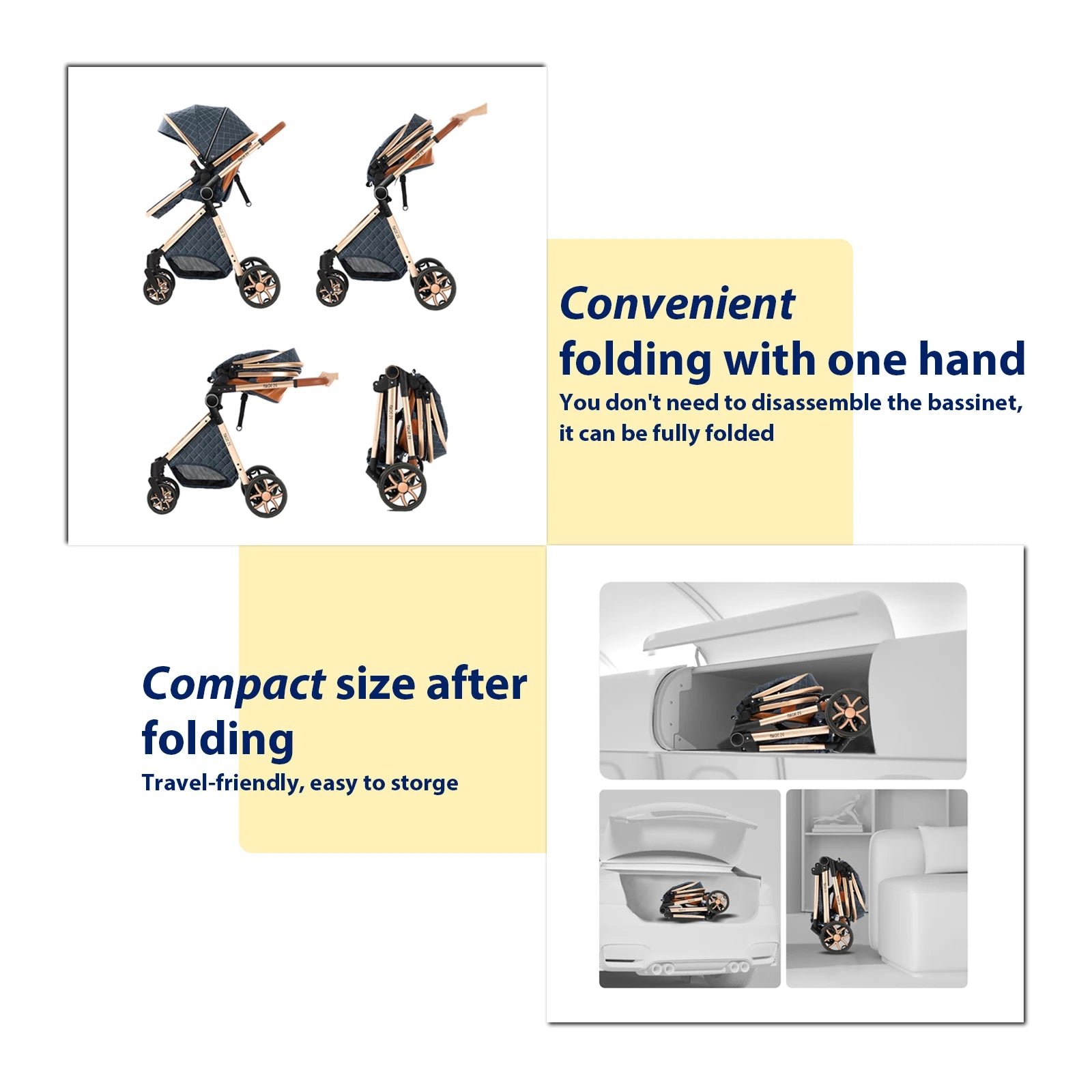 3-in-1 High Landscape Baby Stroller Travel System Bassinet Car Seat Lightweight Frame with One-Hand Folding Feature Baby Items