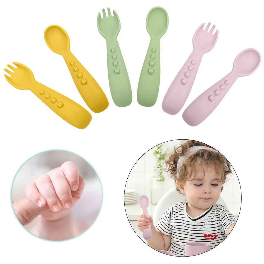 2PCS Silicone Baby Spoons Fork For Baby Cutlery Set Newborn Learn To Eat Training Feeding Spork Tableware Baby Items