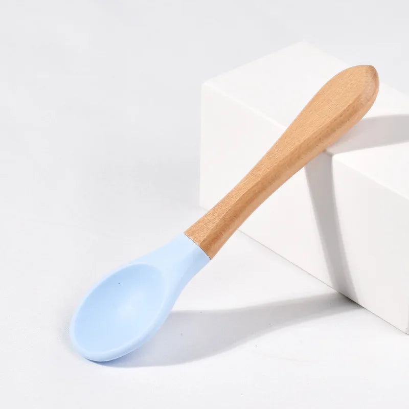 Children Wooden Handle Silicone Fork Spoon Baby Utensils Soft Resistant To Falling Feeding Cutlery Food Fork Spoon Baby Items