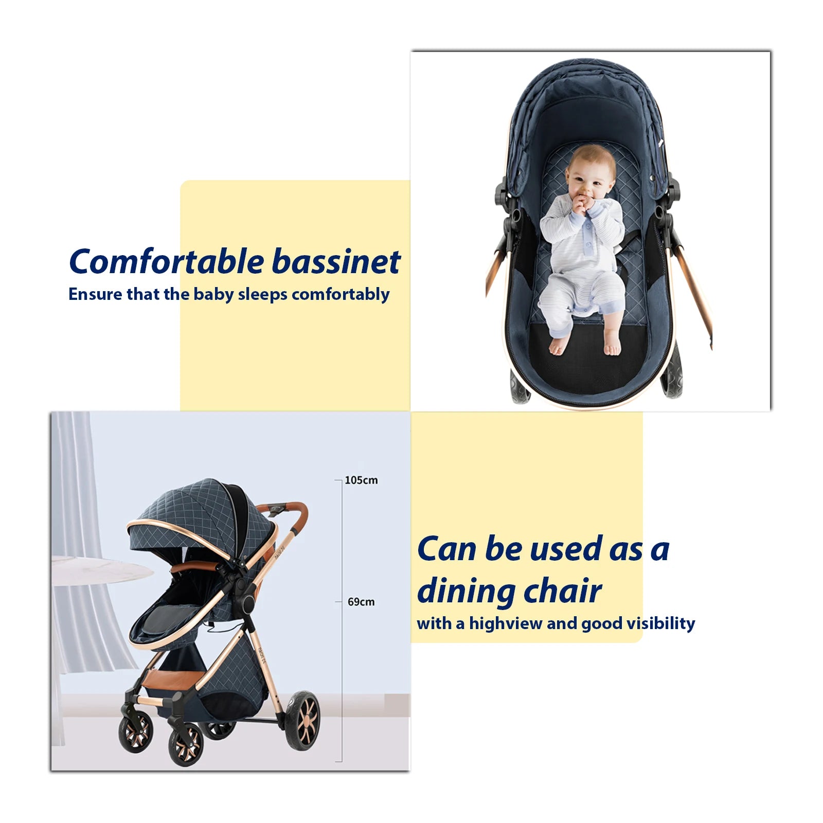 3-in-1 High Landscape Baby Stroller Travel System Bassinet Car Seat Lightweight Frame with One-Hand Folding Feature Baby Items