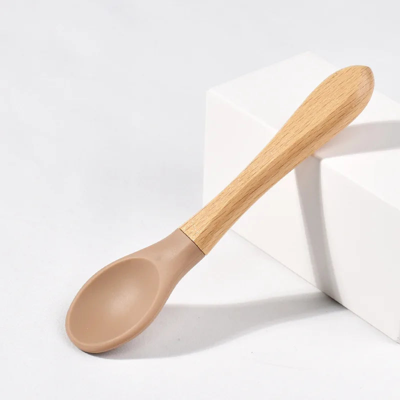 Children Wooden Handle Silicone Fork Spoon Baby Utensils Soft Resistant To Falling Feeding Cutlery Food Fork Spoon Baby Items