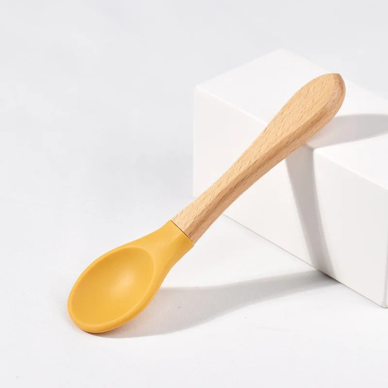 Children Wooden Handle Silicone Fork Spoon Baby Utensils Soft Resistant To Falling Feeding Cutlery Food Fork Spoon Baby Items