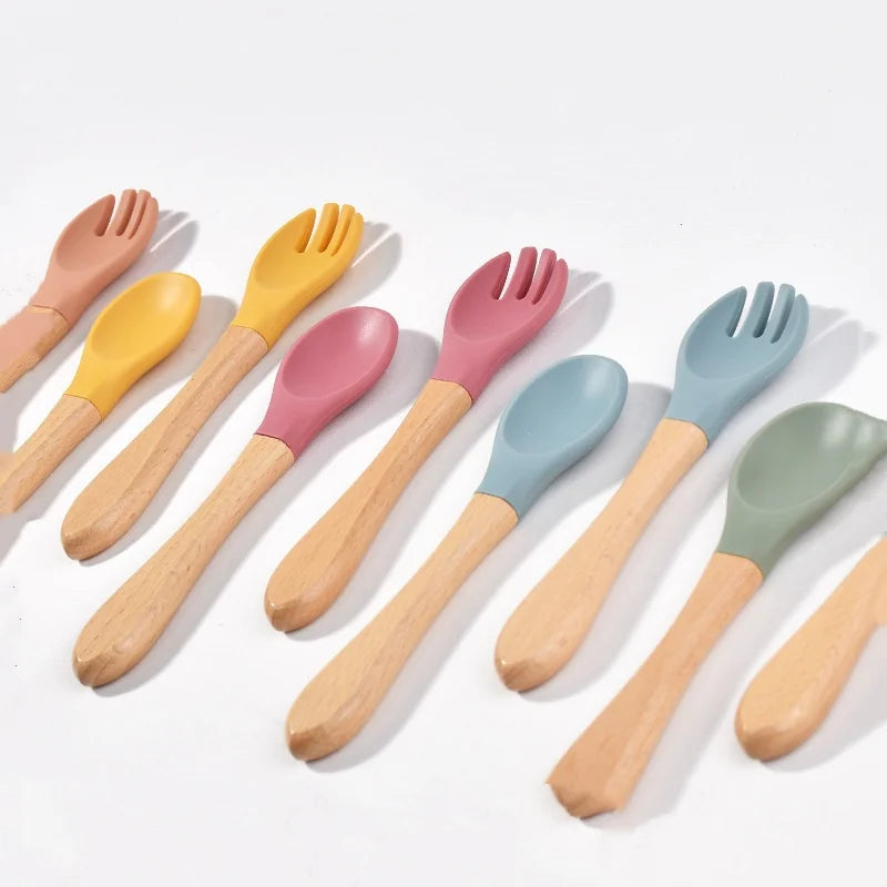 Children Wooden Handle Silicone Fork Spoon Baby Utensils Soft Resistant To Falling Feeding Cutlery Food Fork Spoon Baby Items