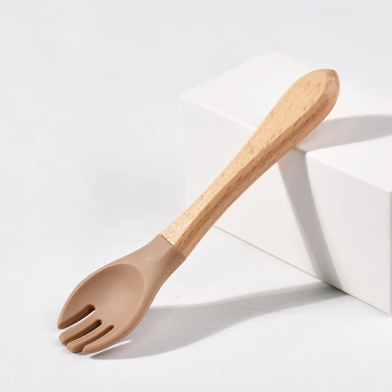 Children Wooden Handle Silicone Fork Spoon Baby Utensils Soft Resistant To Falling Feeding Cutlery Food Fork Spoon Baby Items