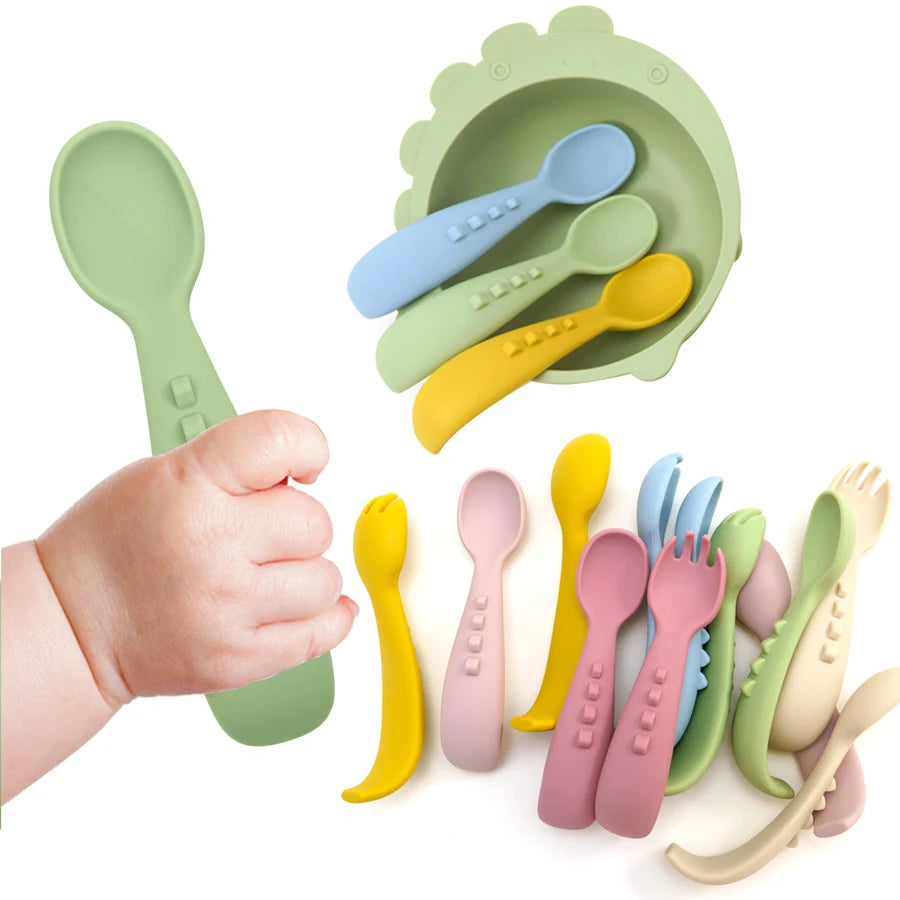 2PCS Silicone Baby Spoons Fork For Baby Cutlery Set Newborn Learn To Eat Training Feeding Spork Tableware Baby Items