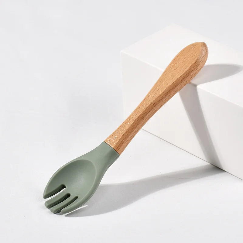 Children Wooden Handle Silicone Fork Spoon Baby Utensils Soft Resistant To Falling Feeding Cutlery Food Fork Spoon Baby Items