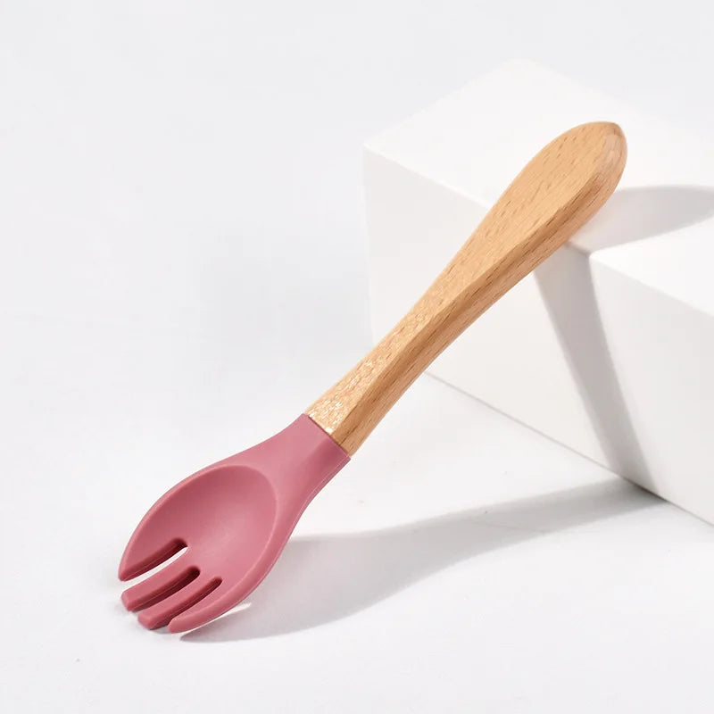 Children Wooden Handle Silicone Fork Spoon Baby Utensils Soft Resistant To Falling Feeding Cutlery Food Fork Spoon Baby Items