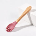Load image into Gallery viewer, Children Wooden Handle Silicone Fork Spoon Baby Utensils Soft Resistant To Falling Feeding Cutlery Food Fork Spoon Baby Items
