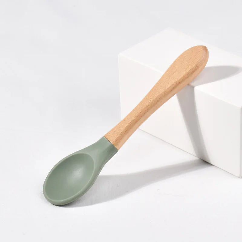 Children Wooden Handle Silicone Fork Spoon Baby Utensils Soft Resistant To Falling Feeding Cutlery Food Fork Spoon Baby Items