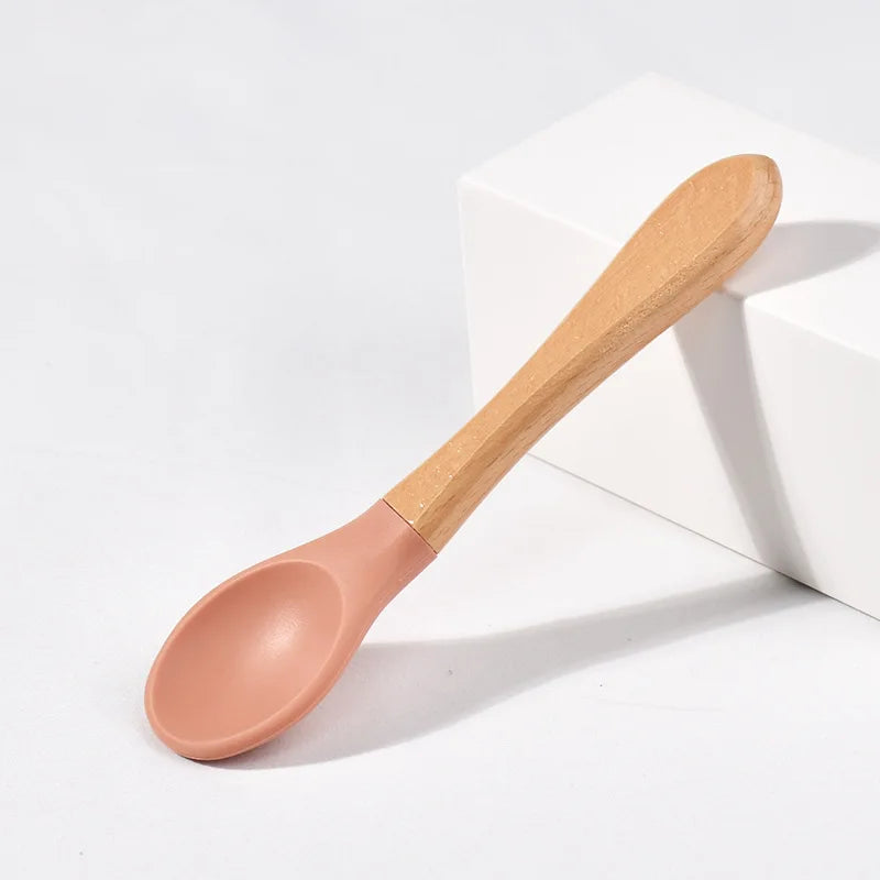 Children Wooden Handle Silicone Fork Spoon Baby Utensils Soft Resistant To Falling Feeding Cutlery Food Fork Spoon Baby Items