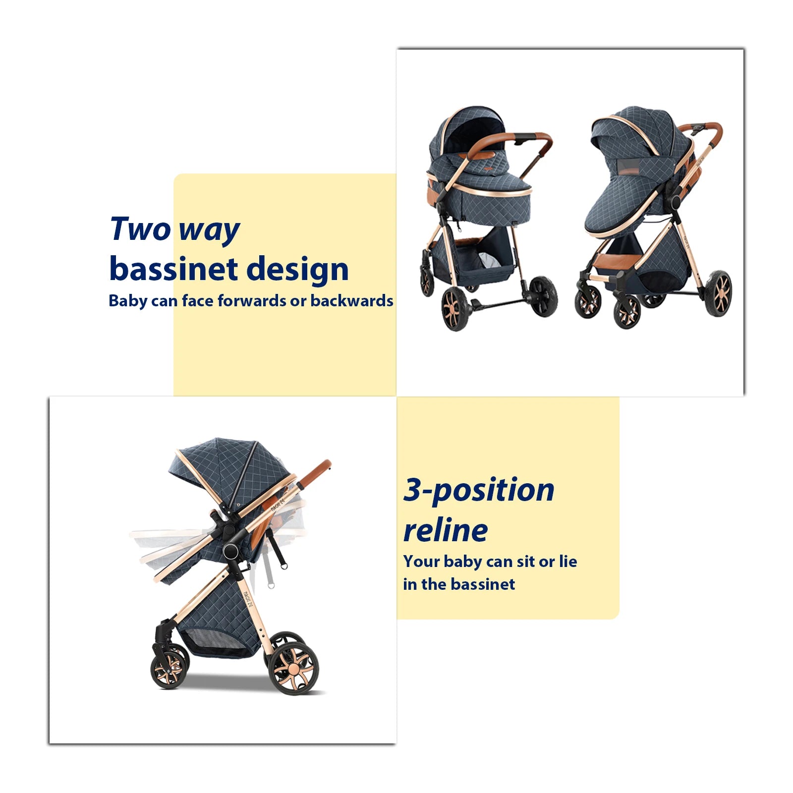 3-in-1 High Landscape Baby Stroller Travel System Bassinet Car Seat Lightweight Frame with One-Hand Folding Feature Baby Items