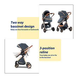 3-in-1 High Landscape Baby Stroller Travel System Bassinet Car Seat Lightweight Frame with One-Hand Folding Feature Baby Items